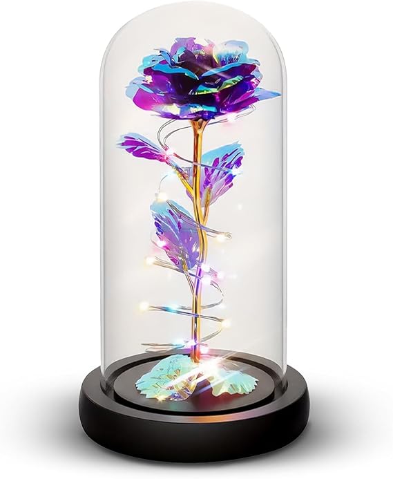 Galaxy Roses - Eternal Glass Rose with LED Lights & Timer - Coolest Gifts for Girlfriend Mom Wife Daughter Women - Beauty and the Beast Rose for Christmas Wedding Anniversary Birthday - Purple