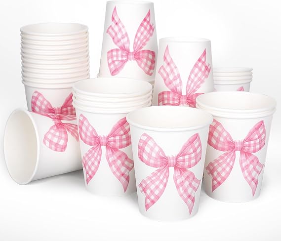 Whaline 50Pcs Bow Coquette Paper Cups Pink Plaid Ribbon Bowknot Disposable Cups for Hot Cold Drinks Birthday Baby Shower Party Table Decor Supplies, 9 Oz
