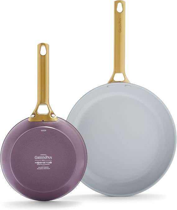 GreenPan Hard Anodized Healthy Ceramic Nonstick 8" and 11" Frying Pan Skillet Set, Gold Handle, Induction, PFAS-Free, Dishwasher Safe, Oven Safe, Eggplant Purple