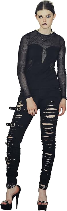 D.F Punk Ripped Broken Women's Pants Tattered Skinny Jeans for Women Straps with Buckles Rock Black
