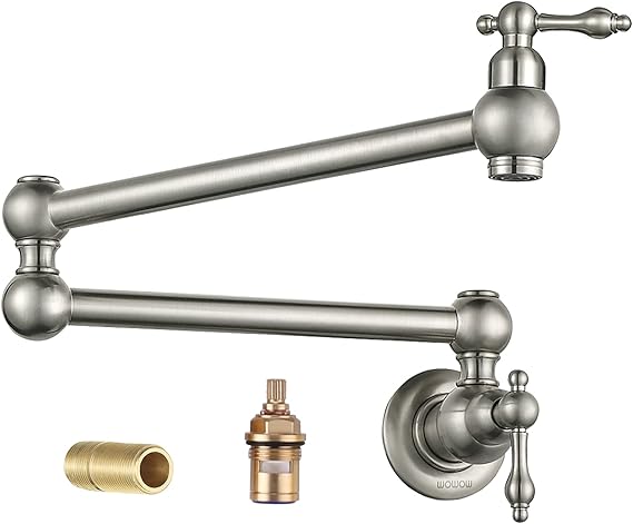 Pot Filler Faucet Brushed Nickel - WOWOW Solid Brass Pot Filler Wall-Mounted Pasta Faucet with Double Joint Swing Arm for Kitchen Over Stove