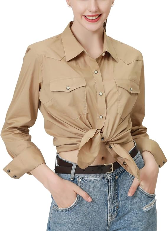 PASHARTUK Western Shirts for Women Cotton Long Sleeve Shirts for Women with Snap Buttons Plaid Shirts for Women