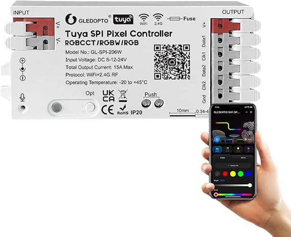 GLEDOPTO Tuya SPI Pixel Controller RGBCCT RGBW RGB WiFi LED Controller Dynamic Light Music Sync Work with Smart Life Google Assistant Alexa Yandex (206W-WiFi SPI) [Energy Class G]