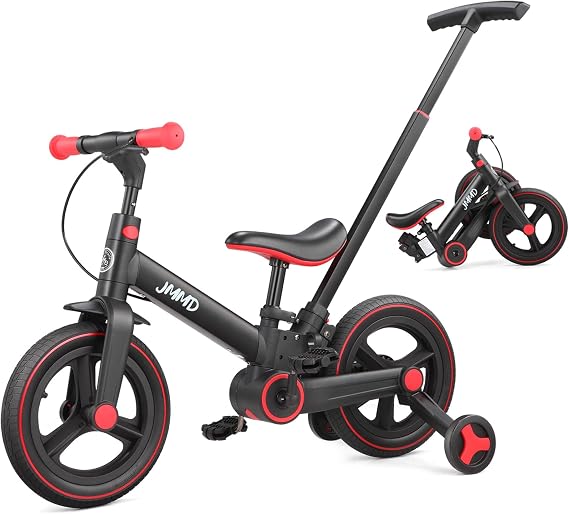JMMD 6 in 1 Toddler Bike with Push Handle for Kids 18-60 Months, 12" Foldable Balance Bike with Training Wheels, Pedals, Brakes, Kickstand, Push Tricycle Toddler Gift & Toys for Boy & Girl