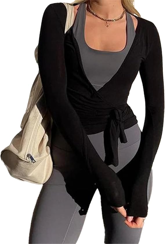 Yoawdats Women's Tie Wrap Top Sexy Deep V Neck Tie Front Long Sleeve Tops Casual Slim Fit Yoga Shirts Workout T Shirts