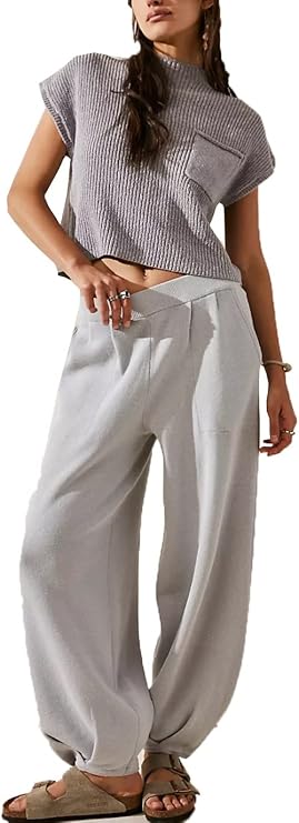 Women's Two Piece Outfits Sweater Sets Knit Pullover Tops and High Waisted Pants Tracksuit Lounge Sets
