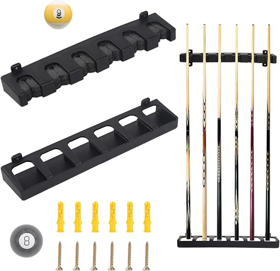6 Wall Mounted Pool Cue Rack, Black, Vertical, Snooker and Billiard Cue Stand for Table Rods and Club Player