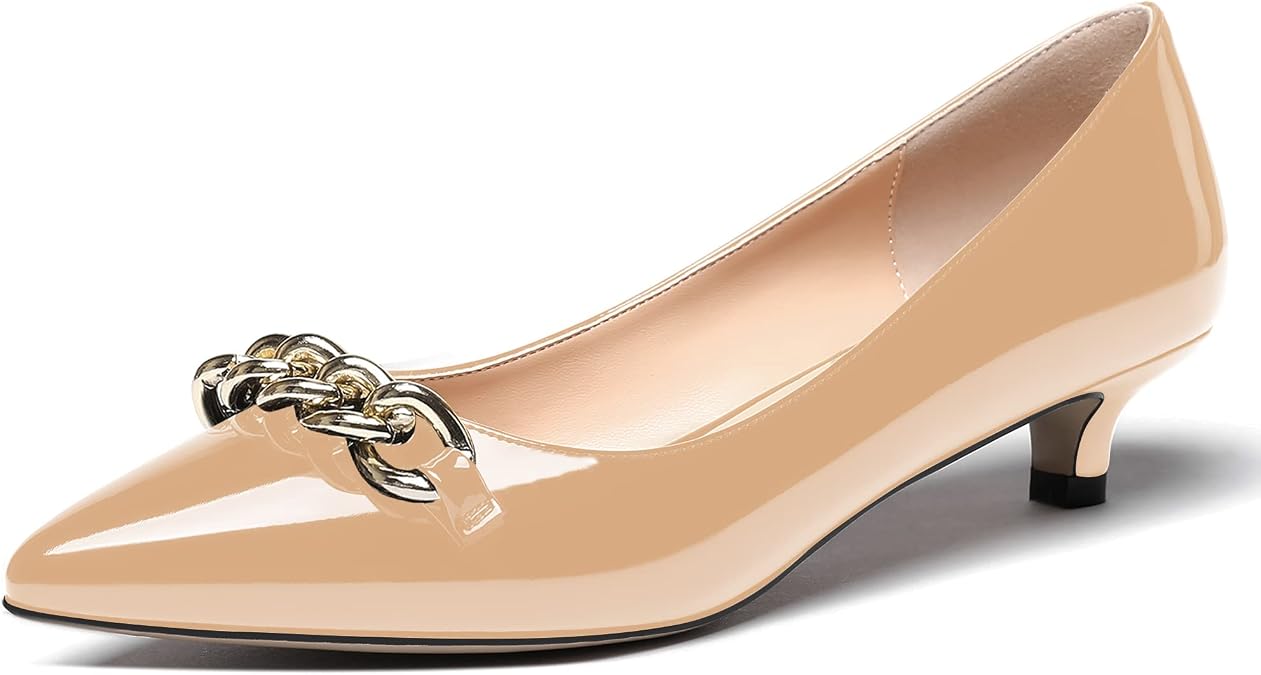 WAYDERNS Women's Pointed Toe Metal Chain Slip On Patent Kitten Low Heel Pumps Shoes 1.5 Inch