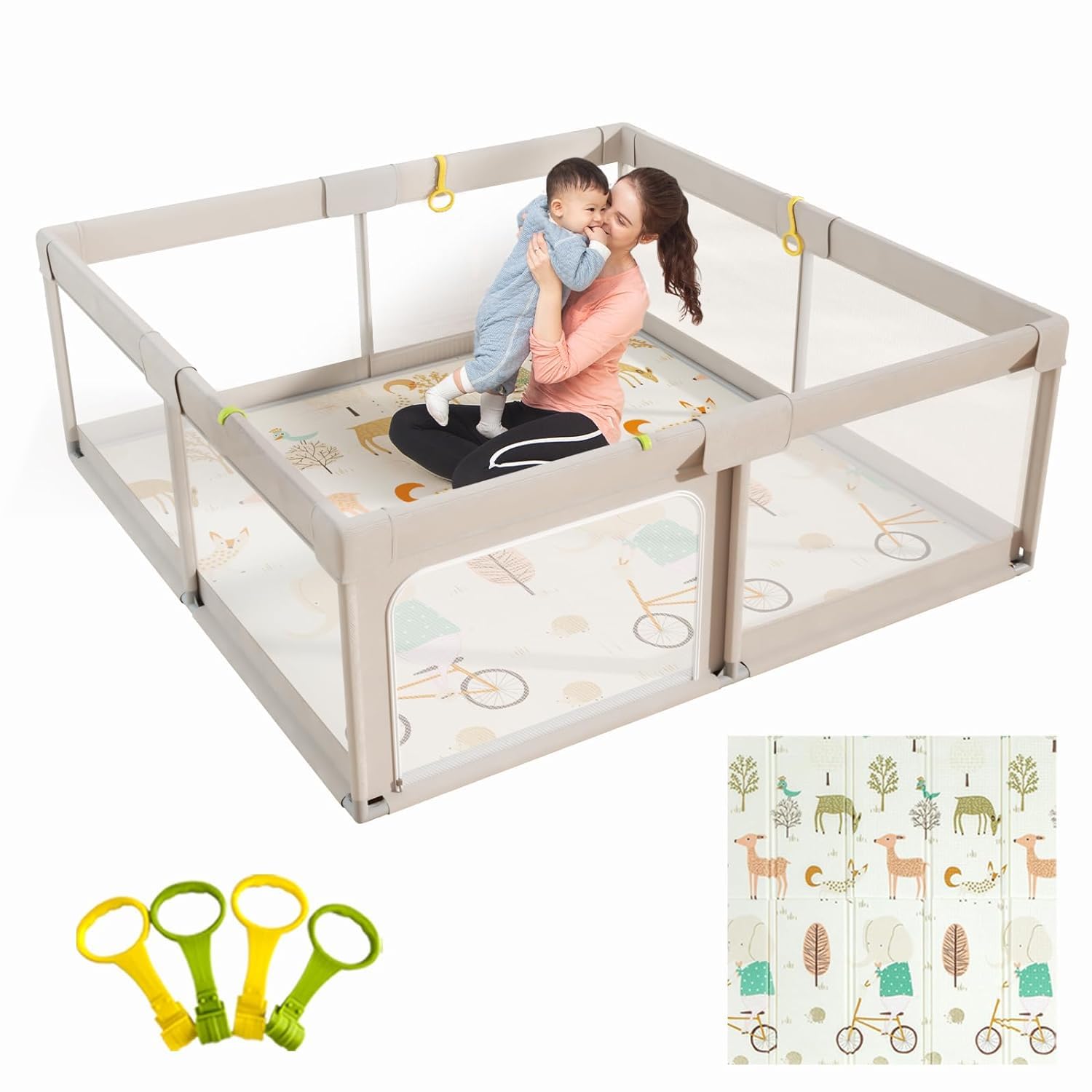 mloong baby playpen with play mat medium gray baby playpen 150 x 150 x 68 cm playpen xxl playpen with breathable net on four sides and suction cups