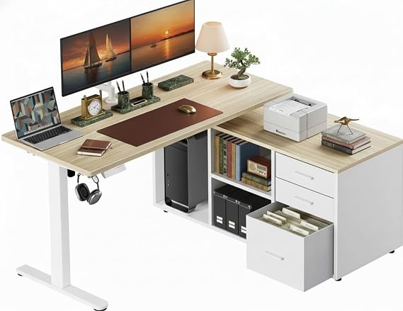 Marsail L-Shaped Executive Standing Desk with File Cabinet, 55" x 24" Electric Height Adjustable Stand up Desk, One-Whole Piece Desktop, Home Office Modern Computer Deskwith 4 Memory Presets