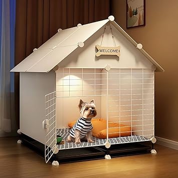 Modern Indoor Dog House, Dog Bed with Canopy, Feeding & Toilet Zones, Pull-Out Tray, Pet Crate for Small Dogs
