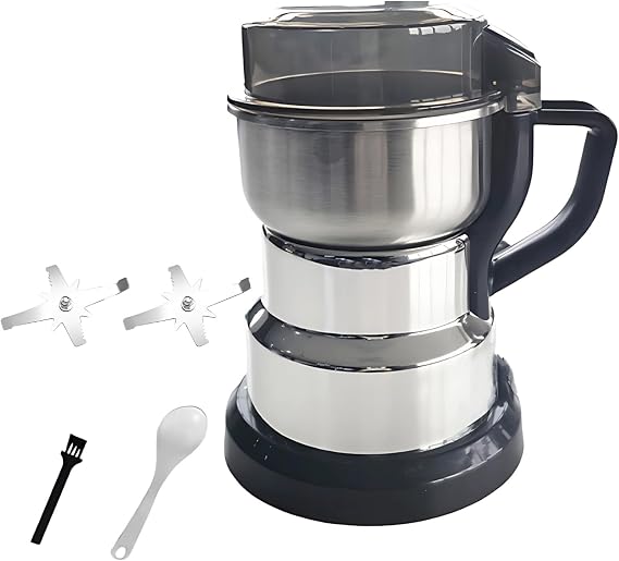 Electric Coffee, Grain, and Spice Grinder, 15.9 Oz (450 G) Capacity, Eight Blades, Stainless Steel Craftsmanship, Extra Blade Sets for Home