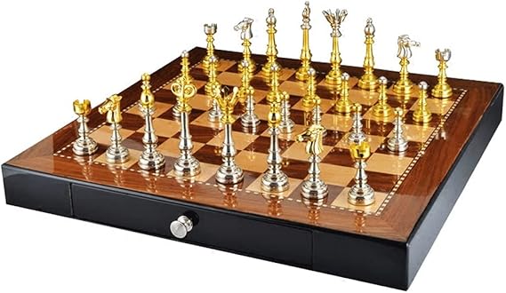 Generic Chess Board Set Portable Handmade Chess Set Wooden Chess Shess Board With 2 Drawers Storage And Gold Silver Chess Pieces Metal Chess Set For Adult Chess Sets