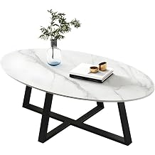 Oval Stone Top Coffee Cocktail Table with Cross Base Slab Coffee Table Marble Coffee Table Small Apartment Oval Tea Table Black Table Top Table Base(White+Black,47" L x 24" W x 18" H)