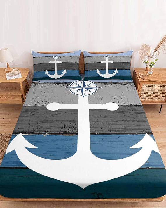 Bedding Full Size Fitted Sheets Fit 5"-16" Deep Pocket Mattress,Nautical Anchor Ocean Theme Soft Bottom Sheet Farm Blue Wood Board Fitted Sheet Bed Set with Pillow Case