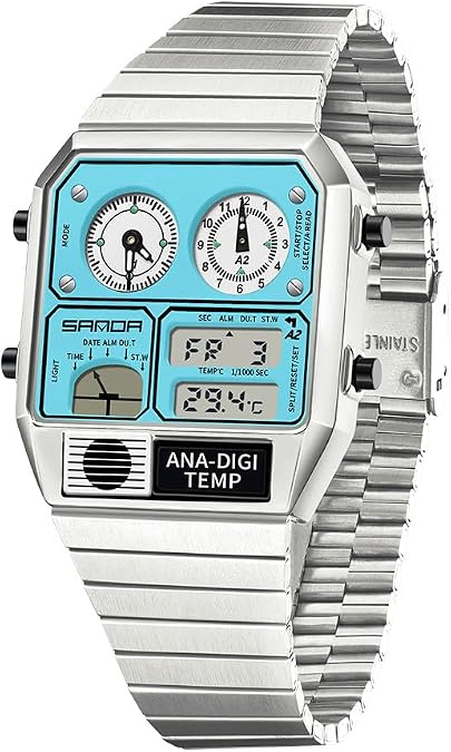 MASTOP Retro Square Digital Watch with Temperature Display Unisex 7.5Inch Analog 3 Time Zones Luminous Backlight 50M Waterproof Alarm Stopwatch Week/Date