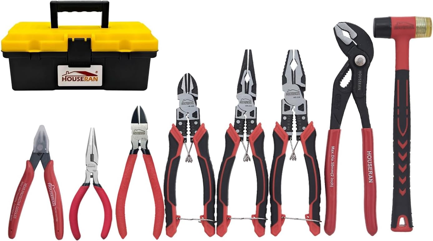 8-Piece Tool Set with Case, Nippers, Pliers, Radio Pliers, Water Pump Pliers, Rubber Hammer, For Home Use, DIY, Repair