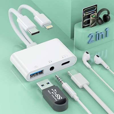 2-in-3 Lightning  USB C to 3.5mm Aux Audio Headphone Splitter Adapter Cable,USB OTG Camera Adapter3.5mm JackType-C EarphoneCharge Port,Phone Splitter for iPhone 151413,Samsung,iPad,Huawei