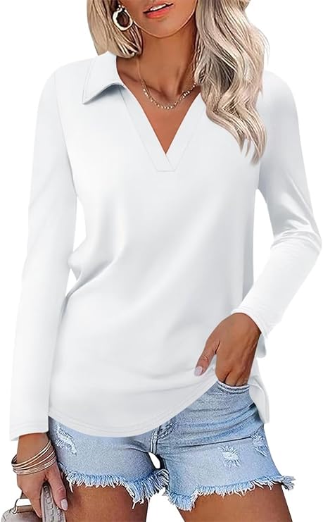 ORANDESIGNE Womens Long Sleeve Polo Shirts V Neck Collared Tops 2026 Fall