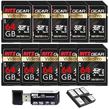 Ritz Gear 64GB V60 4K U3 SDXC Memory Cards 10-Pack with Card Reader and Vivitar 12 Compartment Memory Card Holder