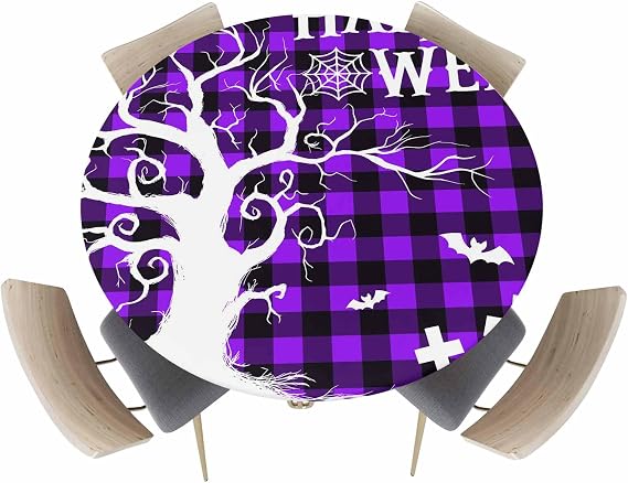 Fitted Round Tablecloths Table Covers 45-54in,Halloween Bare Tree Tombstone Pumpkin Waterproof Elastic Edged Table Cloth for Kitchen Dining Holiday Party Tables Decor,Purple Black Buffalo