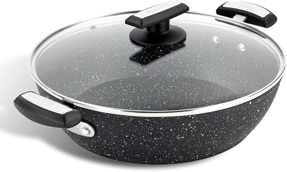 Scoville Xtra 28cm Shallow Casserole with Lid, Non Stick Casserole Pan, NEVERSTICK Coated, Suitable for All Hobs, Rapid Heat Conduction, Dishwasher Safe, PFOA Free, Aluminium, Black