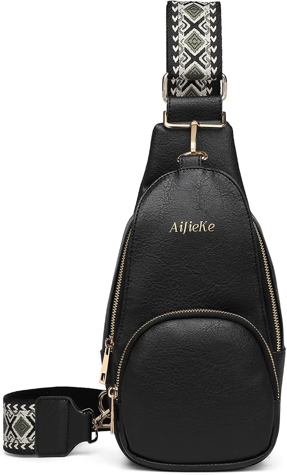 AIJIEKE Sling Bag for Women, Small Vegan Leather Crossbody Bags Fanny Packs with Card Slots, Adjustable Strap Chest Purse Crossover Travel Handbags for Everyday Commute & Hiking, Black