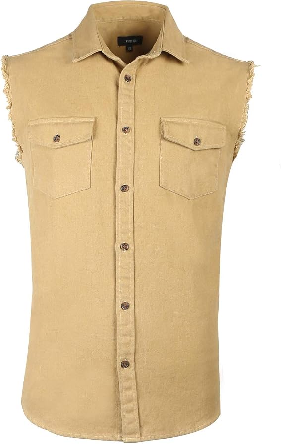 Men's Sleeveless Denim/Cotton Western Shirt Biker Vest 2 Front Pockets