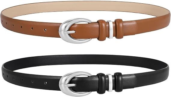 LEACOOLKEY 2 Pack Women Leather Belts for Jeans Dress Fashion Belt with Silver Buckle, Total 47", Suit waist size 36"-40"