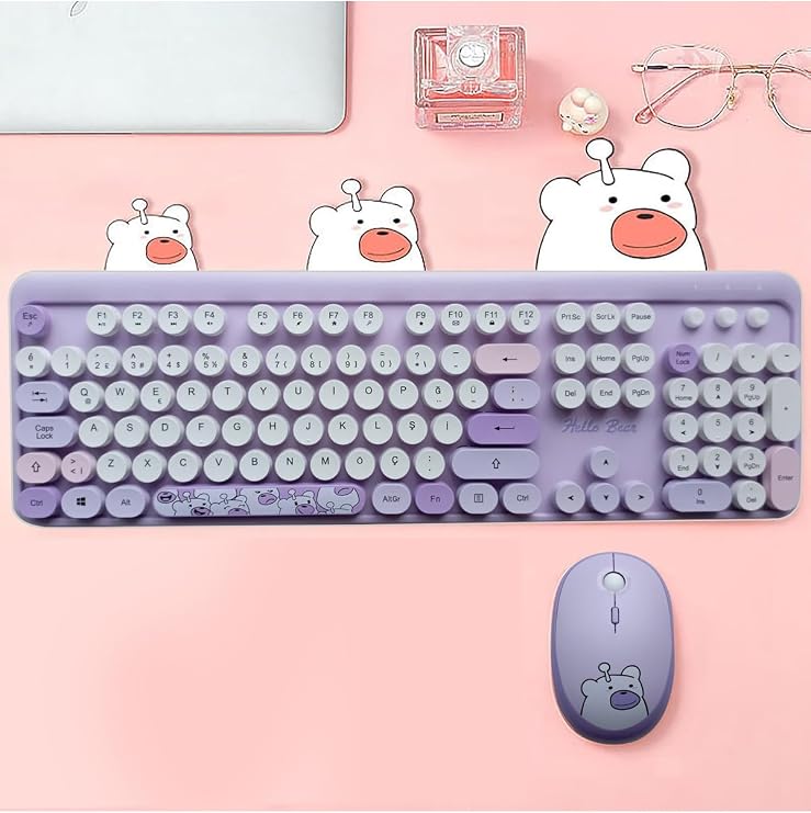 Microcase Mofii Ayıcık Desenli Kablosuz Türkçe Klavye Mouse Set, Mor, Renkli Yuvarlak Tuşlu