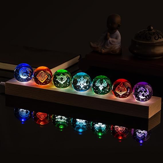 Genshin Impact Vision Balls, 3D Eye of God Crystal Ball LED Night Light, USB 40 mm Glass Ball, with Wooden Base, 7 Pieces Anemo Electro Pyro Dendro Cryo Geo Hydro Merch Set Gift