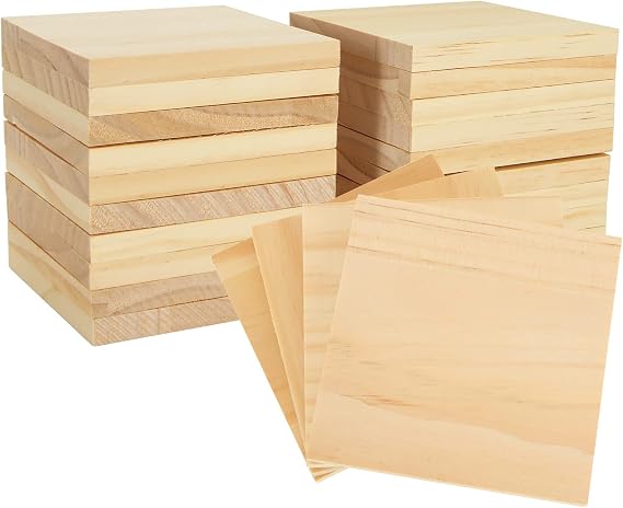 Acrux7 24 Pack 4x4 Inch Wood Squares for Paintings, Unfinished Wood Panels, Natural Pine Square, Blank Wood Boards for Laser Engraving, DIY Crafts, Architectural Models, Coasters
