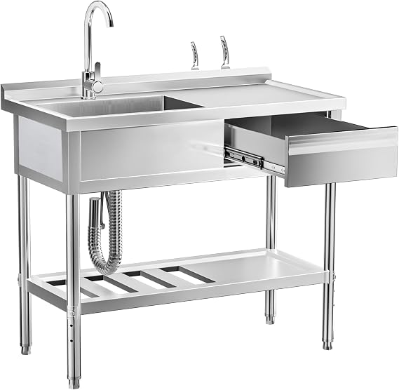 39" 304 Stainless Steel Utility Sink with Faucet Free Standing Single Bowl Kitchen Sink with Workbench & Drawer Storage, Hot/Cold Water Pipes for Laundry, Farmhouse & Outdoor Use