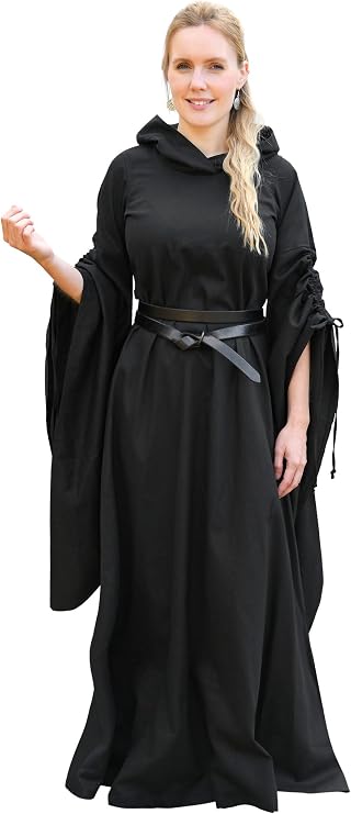 Battle-Merchant Isra Womens Medieval Hooded Dress Black Renaissance Gown with Flared Sleeves for LARP & Cosplay