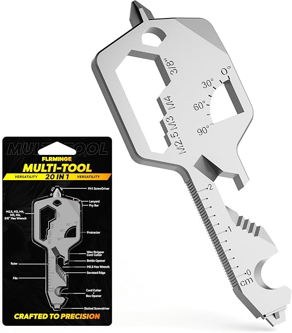 Key Shaped Pocket Multitool 20-in1 Multi Tool, Stainless Steel Keychain Utility Gadget,Gift for Men, Women, Father,Groomsmen, Valentine's, Birthday, Christmas