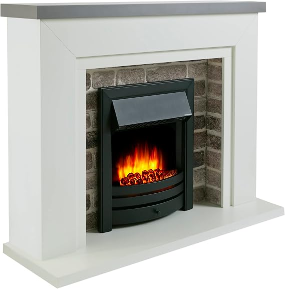 Endeavour Fires Flamborough 48 Inch Electric Fireplace Suite with Surround | Realistic Flame & Coal Effect Fire, 1-2kW Eco Heater, 7-Day Programmable Remote, 3D Brick Back Panel, Grey Top, Black Fire [Energy Class A+++]