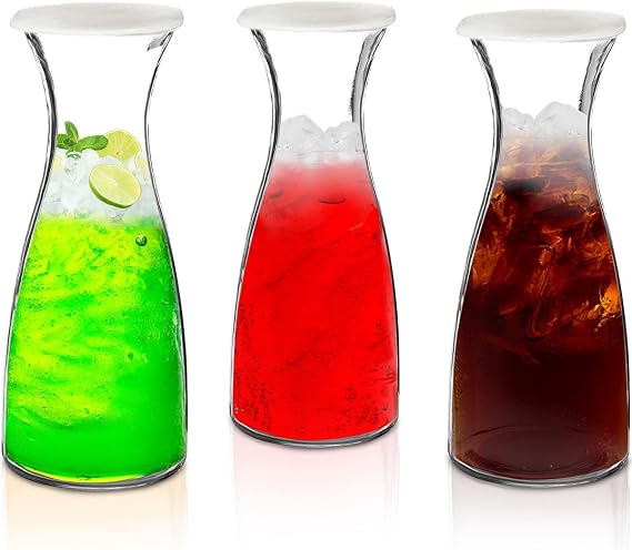 3-Piece Glass Carafe Set 1 Liter Pitchers for Party 10 Inch Tall Jugs Water or Milk Bottles