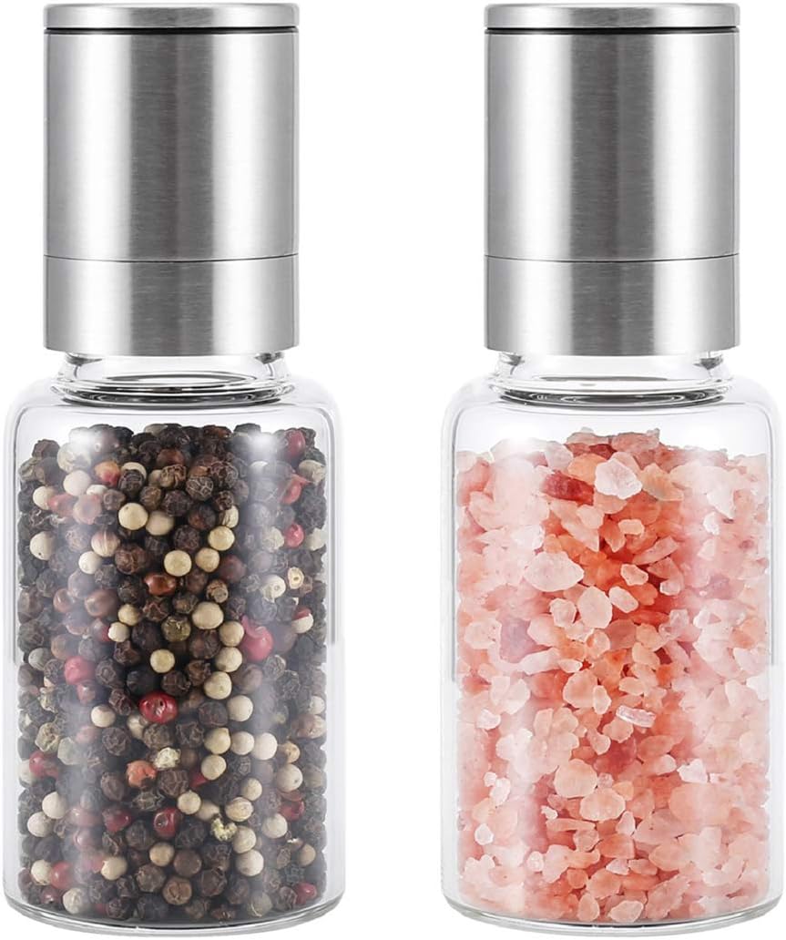 VKCHEF Pepper Mill, Black Pepper, Manual, Salt, Rock Salt, Spice Mill, Transparent, Heat-Resistant Glass, Stainless Steel, Ceramic Mill, Adjustable Coarseness, Seasoning, Crystal Salt, Salt and Pepper