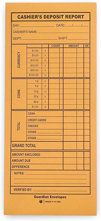 Guardian Cashier Deposit Report Envelopes with Gummed Flaps, Pack of 100 Cash Drop Envelopes Cash Register for Small Businesses Cashier Register for Retailers & Restaurants Brown Kraft Envelope