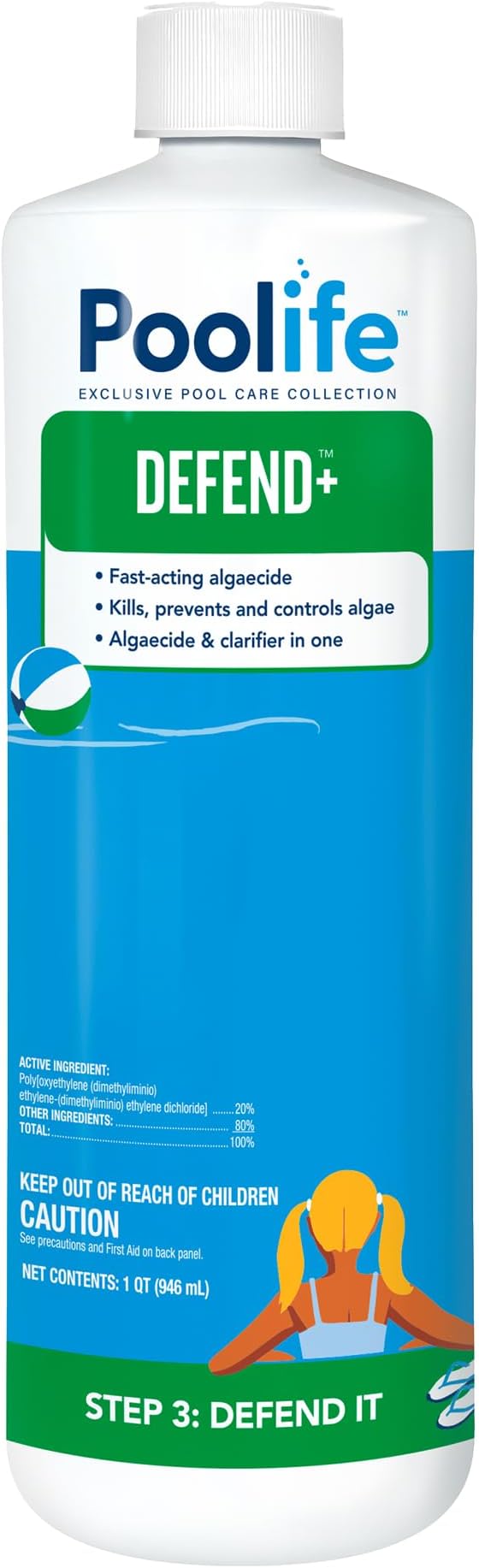 Poolife Defend+ Algaecide 1 Qt - Dual-Action Pool Algae Control Treatment - Non-Foaming Formula Improves Water Clarity - Kills Green, Black & Mustard Algae - Fast-Acting for All Pool Types