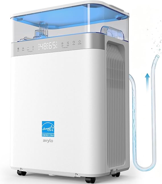 avylo Dehumidifier for Basement with Pump and Hose, Max 90 Pints/D, White | Energy Star Most Efficient 2025,5000 Sq.Ft Dehumidifier,Top Mounted 2.11Gal Tank,3 Drainage Option,Auto Shut Off,Auto Defrost