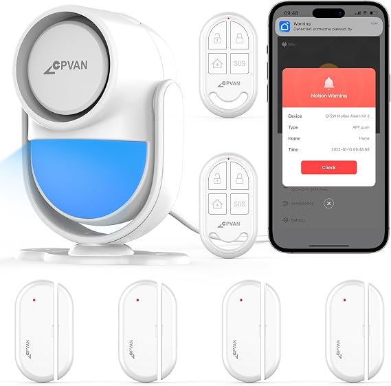 CPVAN WiFi Motion Sensor Alarm System, 125dB Smart PIR Detector with 4 Door Window Sensors, Phone App Alerts, Wireless Indoor Home Security Kit, 2.4GHz WiFi, White