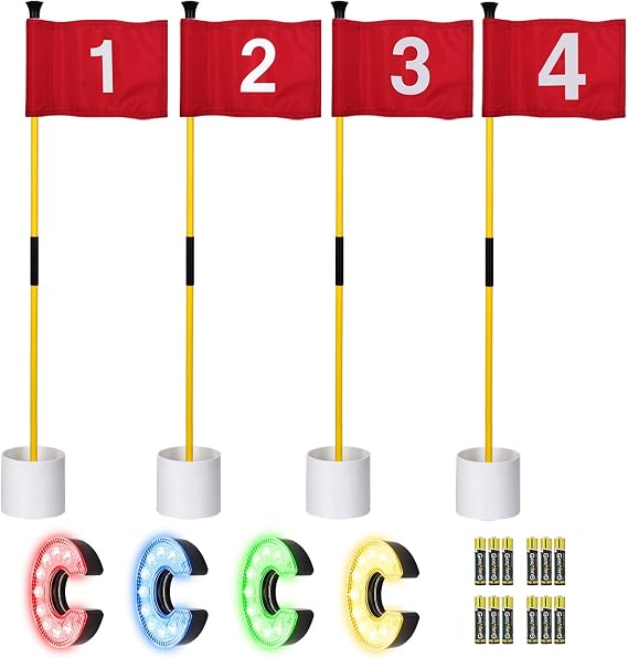 KINGTOP Mini Golf Flagstick with RGB Hole Light, Practice Putting Green Flags for Yard, Golf Pin Flag Hole Cup Set, Light Up Night Golf Party, 4-Pack
