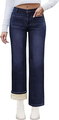 Fleece Lined Jeans Women Straight Leg High Waist Lined Jeans Winter Denim Pants for Women with Patch Pockets