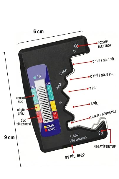 Plentiful Dijital Pil Test Cihazı – AA, AAA, C, D, N, 9V ve Düğme Pil Uyumlu Mini Pil Kapasit