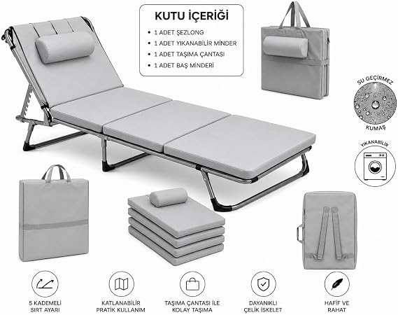 ECM PROGER Katlanır Kampet Şezlong, Minderli, Taşıma Çantalı, Ayarlanabilir Sırt Dayamalı, Bahçe, Plaj ve Kamp İçin, Gri