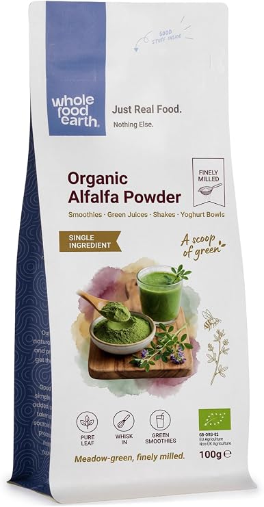 Wholefood Earth Organic Alfalfa Powder 100g | Pure Lucerne Leaf Powder | GMO Free | Vegan | High in Iron (per 100g)