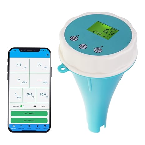 6-in-1 Digital Floating Water Monitor with Bluetooth | Real-Time pH, EC, ORP, Chlorine, Salinity & Temperature Testing | 1000 Data Records, Waterproof IP67, Easy Calibration, 24-Hour Monitoring