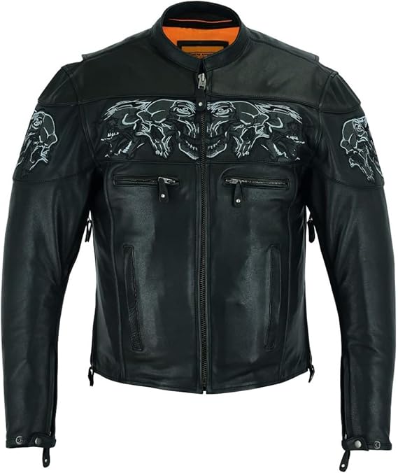 GARGOYLE BELLS Mens Leather Jacket Motorcycle Concealed Carry Racing Jacket For Men Biker Coat with Reflective Skulls