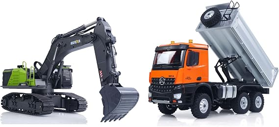 Huina 1/14 RTR 1593 RC Excavator 1598 Remote Control Dumper Truck 14CH | US in Stock, Leadscrew Digger, Portable Color Gift Case, Indoor Outdoor Use, Family Set, RTR